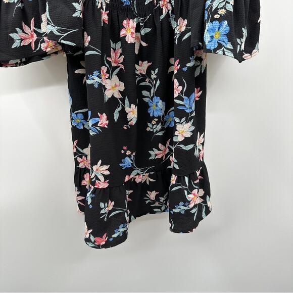 H&M Divided Black Multicolor Floral Cold Shoulder Long Bell Sleeve Mini Dress 4 - Picture 3 of 8